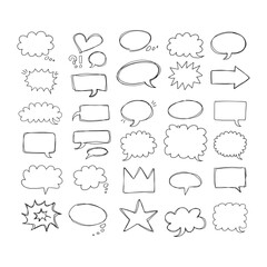 Fototapeta premium Speaking hand drawn doodle bubbles set. Talk clouds sketch frames. Speech thought Balloon shapes.