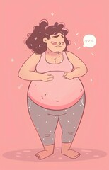 Cartoon of an overweight woman with a bloated belly, holding her stomach in pain against a pink background, in the cute style.