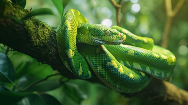 A green and yellow snake is curled up on a tree branch