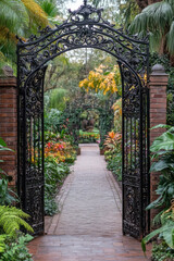 Bronze Garden Gate,  An inviting bronze gate opens into a vibrant, lush garden, encouraging visitors to explore the natural beauty inside