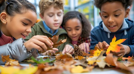Science class with students examining autumn leaves and natural specimens, hands-on learning with a fall theme, Autumn Science Lab, Hands-On Education