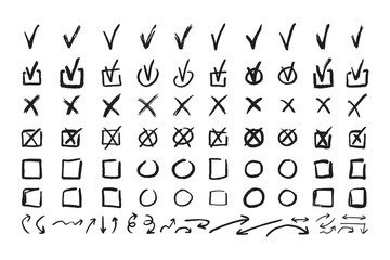 Check marks doodle black line element set, tick and a cross, empty thin box and arrow sign. Grunge hand drawn style