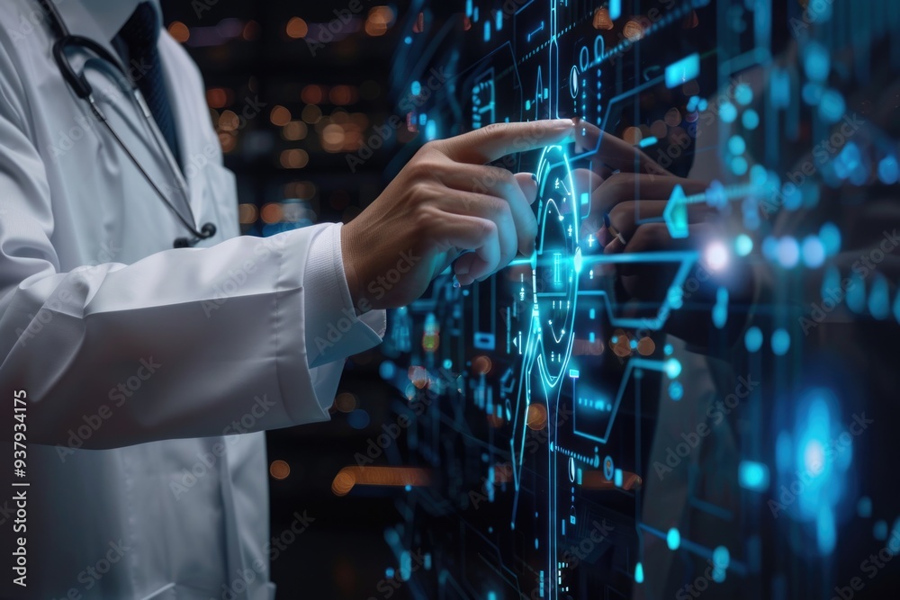 Aufkleber a person in a lab coat examining a digital display