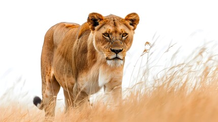 Fototapeta premium Majestic Lioness Stalking Through the Grass Powerful and Focused on a White Background