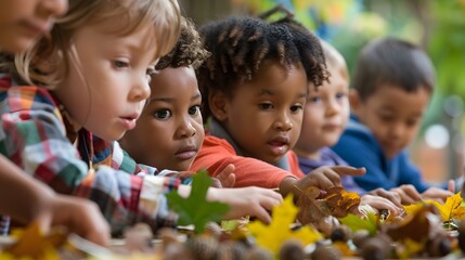 Kindergarten class with children playing with autumn leaves and acorns, hands-on activities and seasonal learning, Autumn Playtime, Early Childhood Education