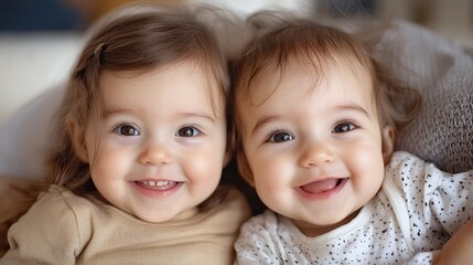 Happy identical twins smiling together in cozy home setting