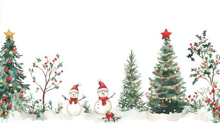 Obraz premium Vintage Christmas Collage, a whimsical arrangement of colorful watercolor trees, garlands, and snowmen on a pristine white backdrop, featuring a blank area for personalized text.