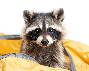Curious Raccoon Exploring Mischievous and Alert on Campsite with White Background