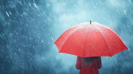 Person holding a red umbrella in heavy rain, rear view, wearing a red coat