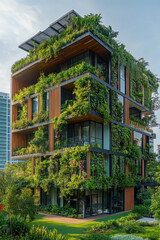 Fototapeta premium Green Building, A modern building featuring integrated green spaces and eco-friendly design, showcasing sustainable architecture and nature within urban settings