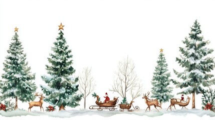 Vintage Christmas Charm, a whimsical watercolor collage featuring festive trees, sleighs, and reindeer against a crisp white backdrop, perfect for seasonal greetings.