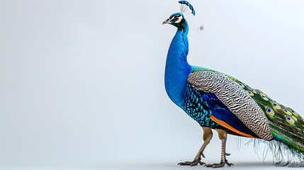 Fototapeta premium Regal Peacock Walking Proudly in Vibrant Garden on White Background