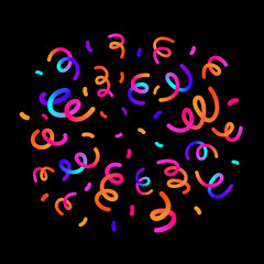 Square banner with 3d confetti from crackers, flying from center to sides neon ribbon, serpentine on black background, template with fireworks for birthday celebration with empty space. Vector EPS10