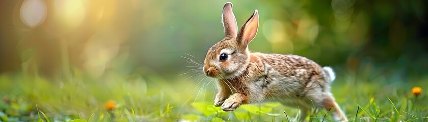 Obraz premium Adorable Bunny Hopping Joyfully Through a Lush Green Field on a White Background