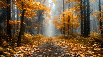 Fototapeta premium Serene Autumn Forest with Fallen Golden Leaves on Tranquil Path