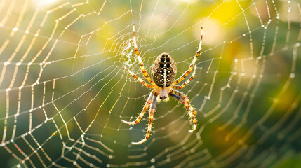 Spider on web, close-up view of a spider intricately weaving its web against a blurred background