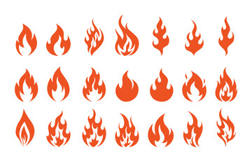 Fire symbols isolated icon flat set on white background. Blaze silhouette element