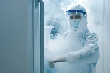 Lab assistant performing cryogenic preservation of biological samples, ultra-cold freezer, safety gear.