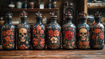 Decorative Potion Bottles,  A set of ornate potion bottles featuring floral designs and a skull, ideal for Halloween themes or whimsical decorations