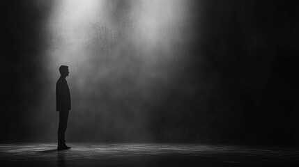 Person Silhouette,  A silhouette of a solitary person stands against a soft black background, creating a sense of intrigue and deep thought