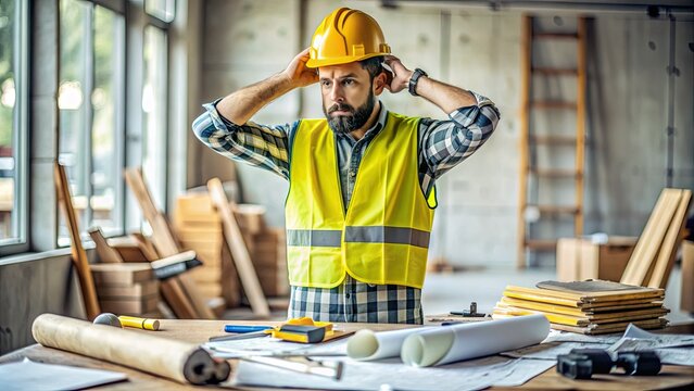 A bewildered construction worker in a yellow hard hat and vest stands amidst scattered blueprints and tools, looking frustrated and disoriented on a messy site.