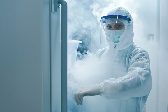 Lab assistant performing cryogenic preservation of biological samples, ultra-cold freezer, safety gear.
