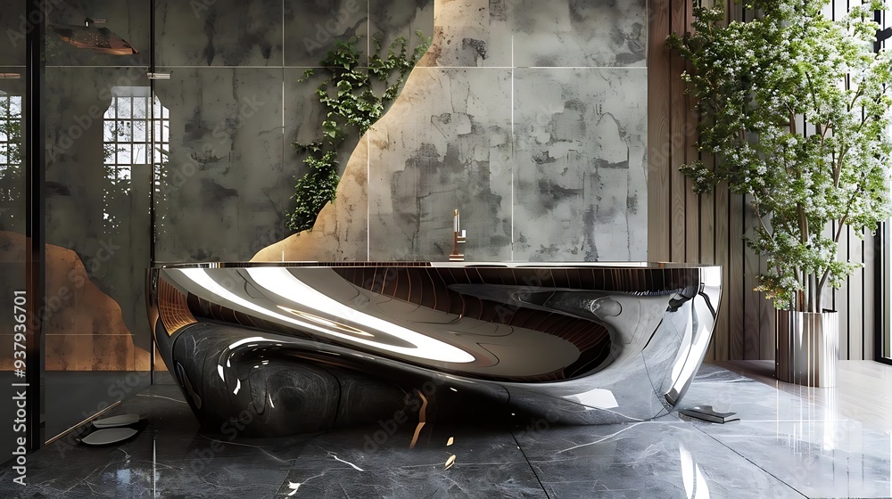 Canvas Prints A sleek, modern bathtub in a stylish bathroom with a minimalist design and natural elements.