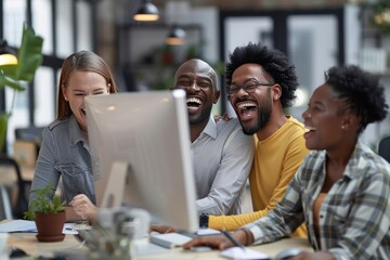 Fototapeta premium A diverse group of professionals happily celebrating success while collaborating on a project in a modern office.