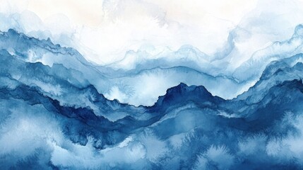 A serene watercolor painting of blue mountains, blending shades of blue and white, evoking calm and tranquility in nature.