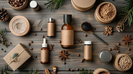 Closeup view of brand packaging mockup for beauty blogging and salon treatment on wooden background