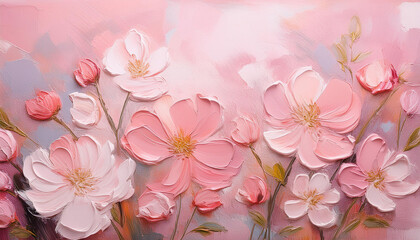 Fototapeta premium Rough palette knife oil painting of pastel pink flowers. Hand drawn art.