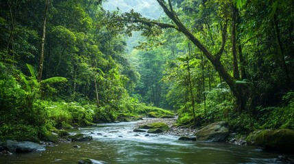 Obraz premium A lush forest with diverse wildlife, vibrant green foliage, and a clean river running through