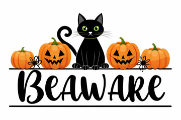 Flat Black Cat and Pumpkin Border with Beware Text concept as A sleek border frame featuring black cats and pumpkins around the edges with the word Beware in a bold mysterious font. The design include