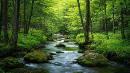 A lush forest with diverse wildlife, vibrant green foliage, and a clean river running through