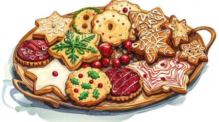 Illustration of a holiday cookie platter with assorted shapes and designs. 