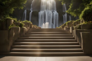 An elegant staircase adorned with cascading waterfalls on either side ascending into a sunlit, AI Generated