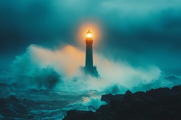 A dramatic lighthouse stands tall amid powerful waves and stormy skies, illuminating the dark ocean with its bright beam.
