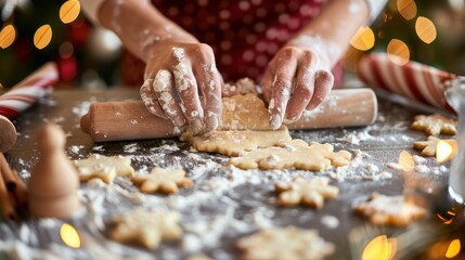 Hands rolling out dough for holiday cookies in a festive kitchen. 