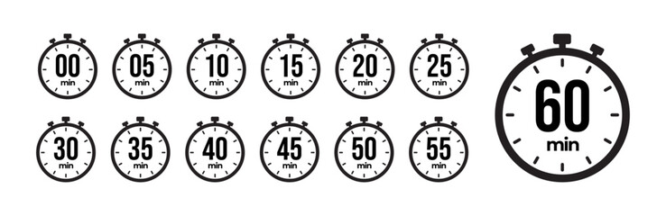 0, 5, 10, 15, 20, 25, 30, 35, 40, 45, 50, 55, 60 min Timer, clock, stopwatch black isolated set icons. Countdown timer symbol icon set. Label cooking time. Vector illustration