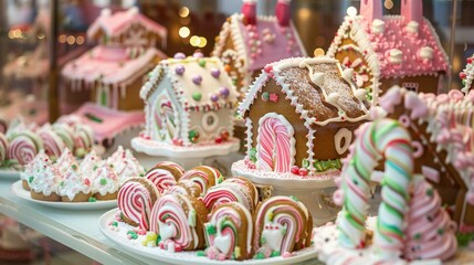 Holiday cookies display with gingerbread houses and candy canes. 