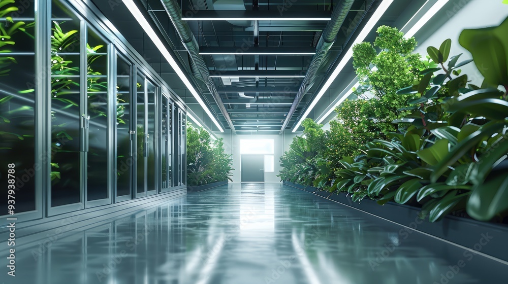 Poster a modern datacenter with plants. generative ai.