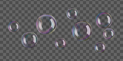 Water bubbles float in gray isolated background. Soap suds ball with rainbow colors. Realistic clean and clear shampoo foam purified water. Bathroom beads, bath bomb, soapy fun, and laundry poster
