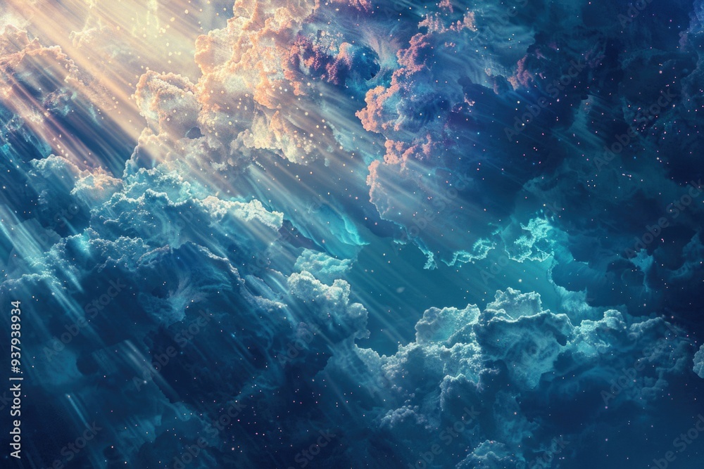 Poster a picture of a cloudy sky with bright sunlight shining through, perfect for use in travel or weather