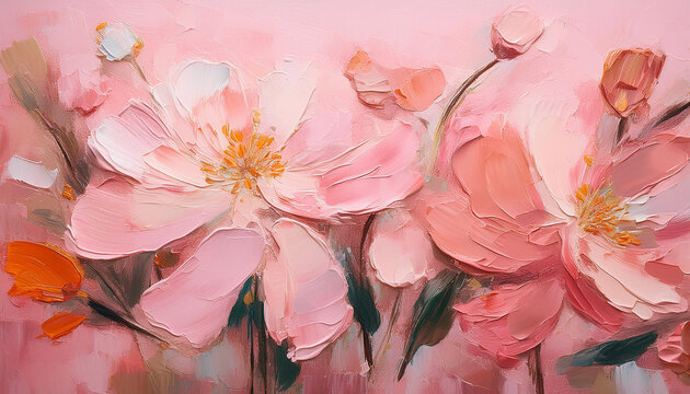 Fototapeta Rough palette knife oil painting of pastel pink flowers. Hand drawn art.