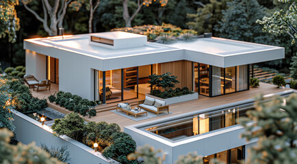 A modern one-story house with white walls, flat roof and wooden windows, surrounded by trees. The perspective is from above. Generative AI.