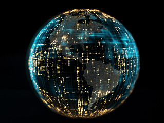 Digital Globe with Binary Code and Data Flow, Blue Grid and Golden Lights