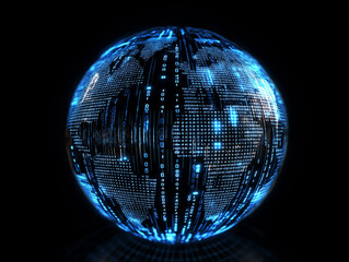 Digital Globe with Binary Code and Data Flow, Blue Grid and Golden Lights