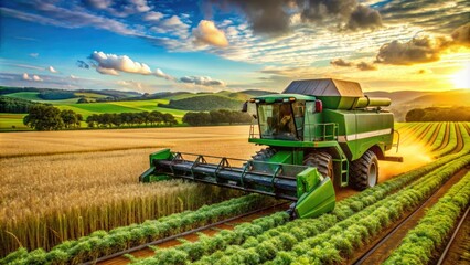 Fototapeta premium Above the lush green fields of Brazil, a modern harvester machine cuts through the rows of ripening crops, capturing the essence of agricultural abundance.