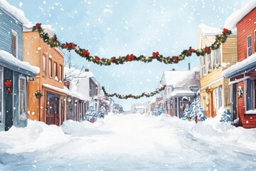 Vintage holiday banner, delicate watercolor art, suspended over a snow-covered street, quaint small town atmosphere, inviting space for festive text on the right