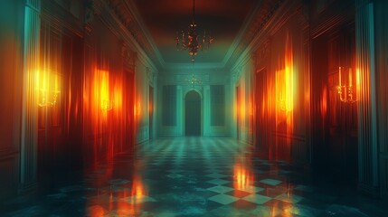 Obraz premium A mysterious hallway illuminated by glowing lights, evoking an eerie yet enchanting atmosphere perfect for any creative project.